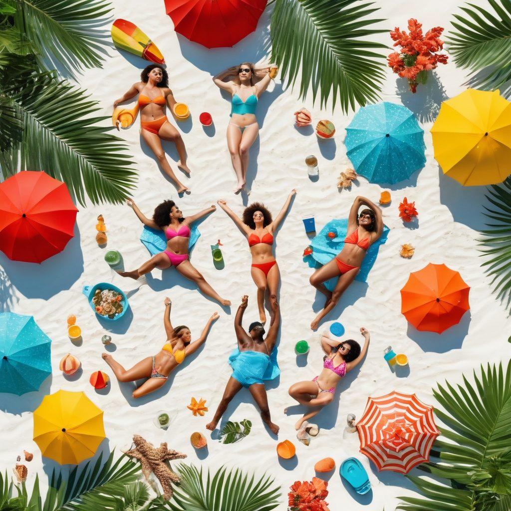 A stunning beach scene featuring a diverse group of people enjoying the sun, wearing vibrant sustainable swimwear made from eco-friendly materials. Surround them with lush greenery, seashells, and wellness items like organic sunscreen and herbal drinks, reflecting a healthy lifestyle. Add colorful beach umbrellas and a clear blue sky to create a lively summer atmosphere. vibrant colors. super-realistic. white background.